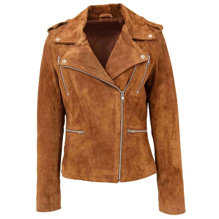 Veste motard en cuir suédé marron pour femme