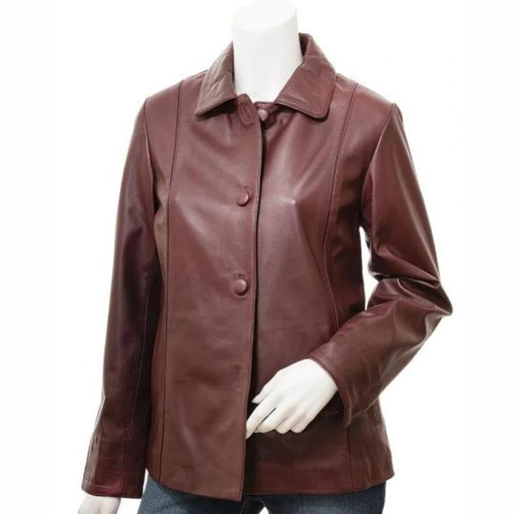 Manteau en cuir de mouton bordeaux pour femme