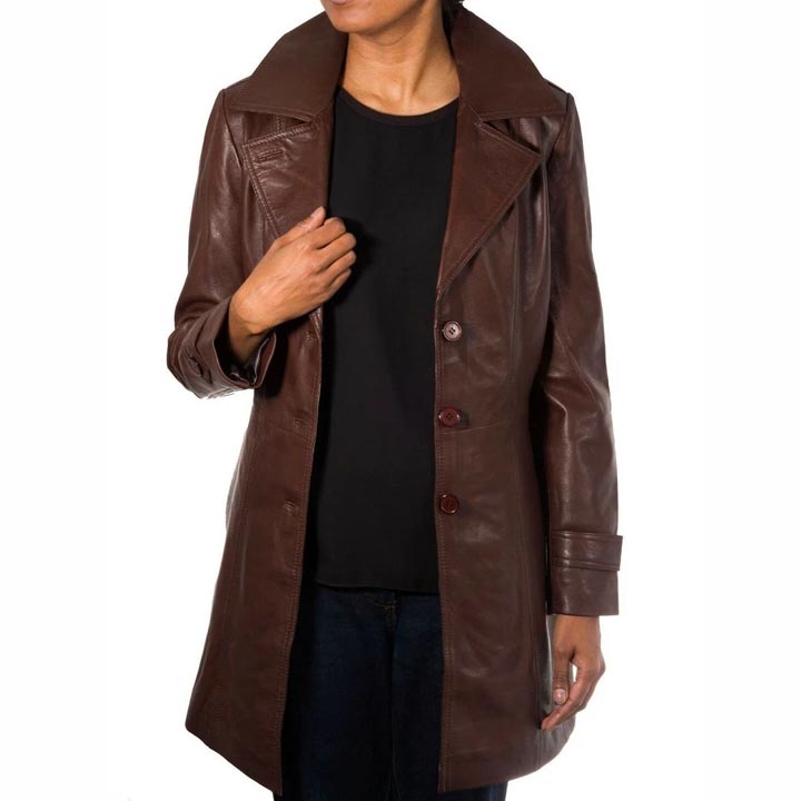 Trench-coat en cuir véritable marron chocolat pour femme