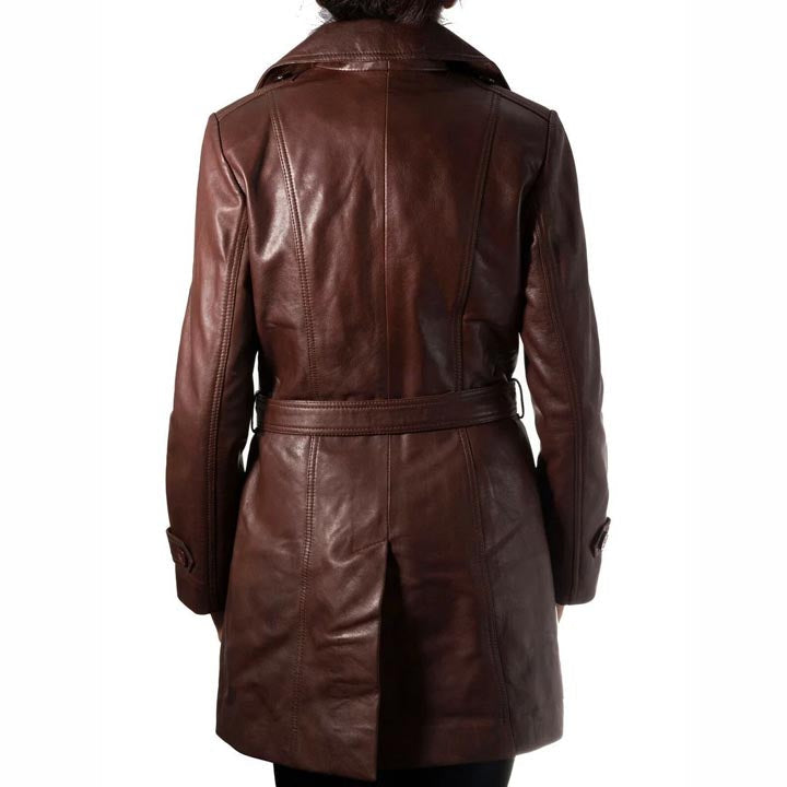 Trench-coat en cuir véritable marron chocolat pour femme