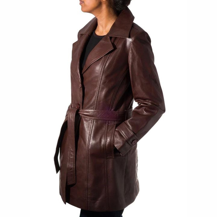 Trench-coat en cuir véritable marron chocolat pour femme