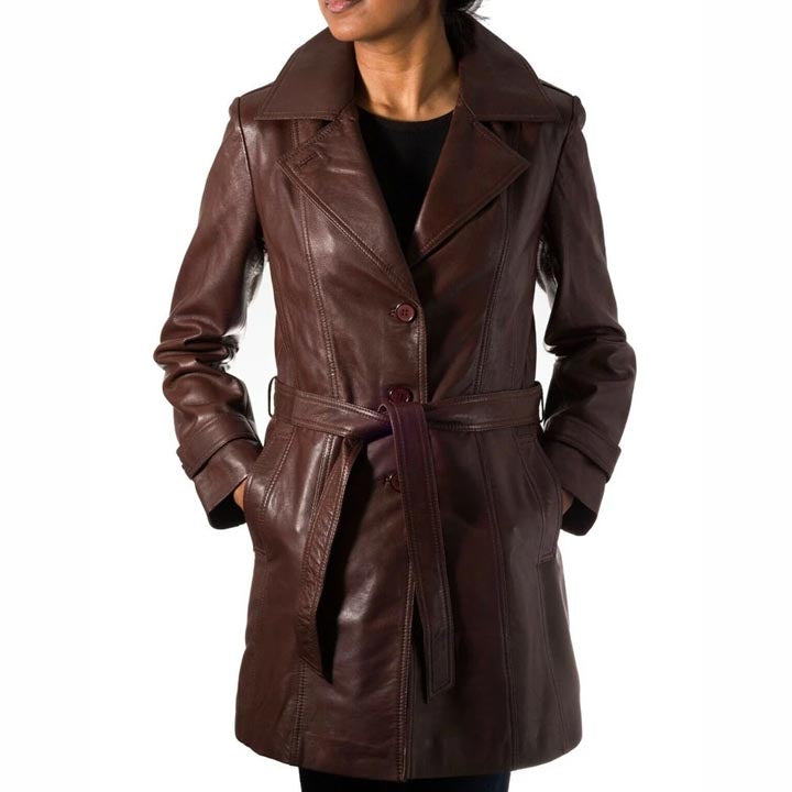 Trench-coat en cuir véritable marron chocolat pour femme