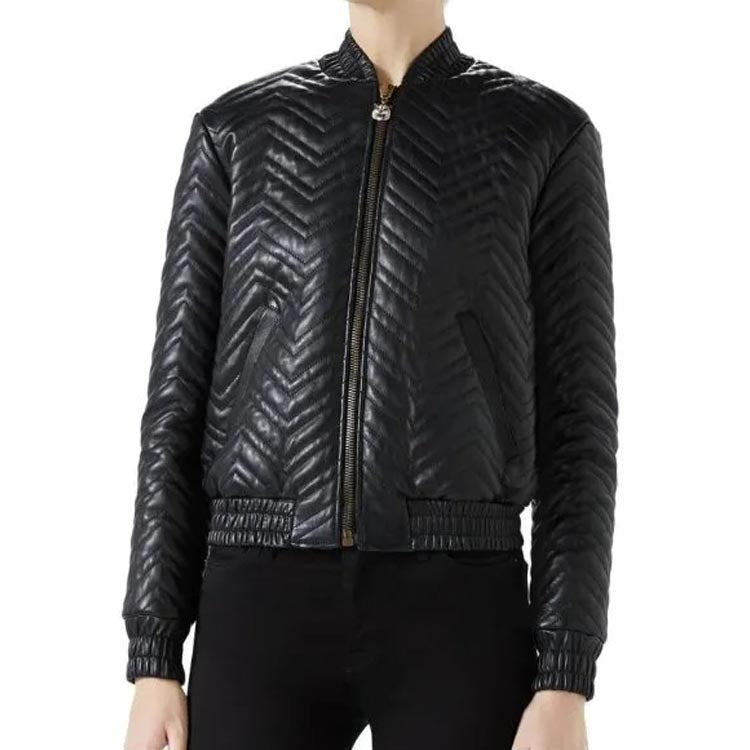 Blouson aviateur en cuir matelassé classique et élégant pour femme