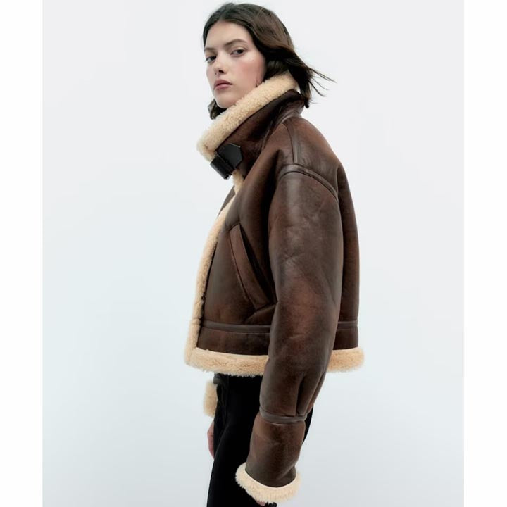 Women's Dark Brown B3 Bomber Shearling Fur Coat Aviator jacket