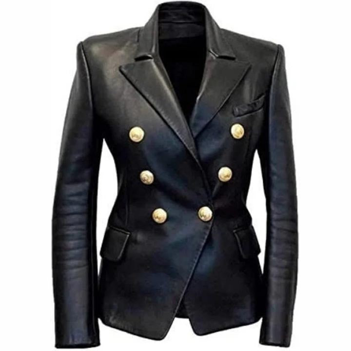 Blazer croisé en cuir noir pour femme