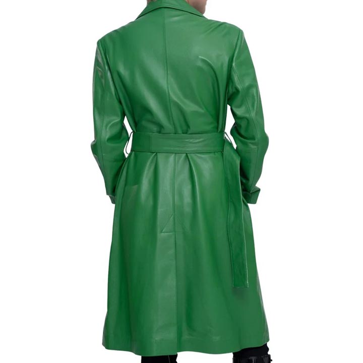 Trench-coat en cuir d'agneau véritable vert pour femme