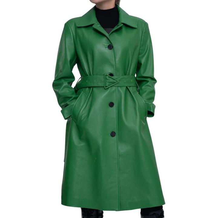 Trench-coat en cuir d'agneau véritable vert pour femme