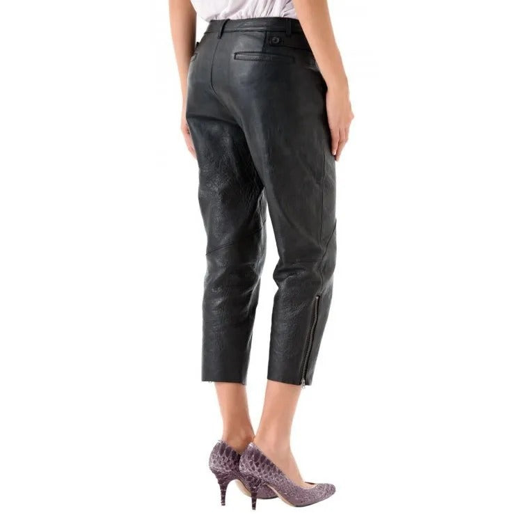 Pantalon Capri en cuir noir taille haute pour femme