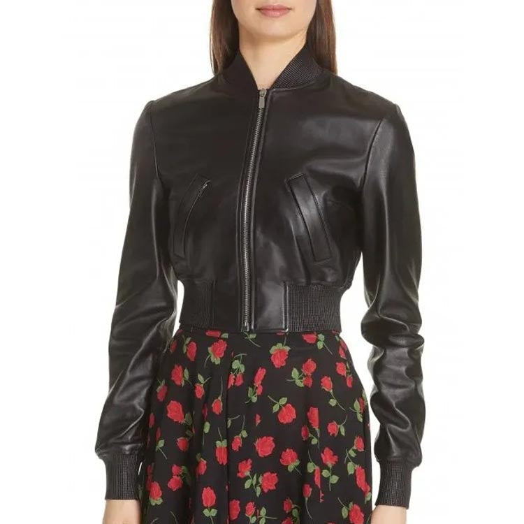 Blouson aviateur en cuir noir à manches longues pour femme