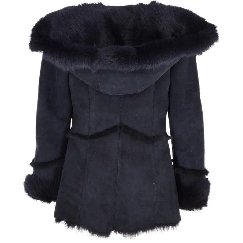 Manteau en peau de mouton à poils longs pour femme avec grande capuche