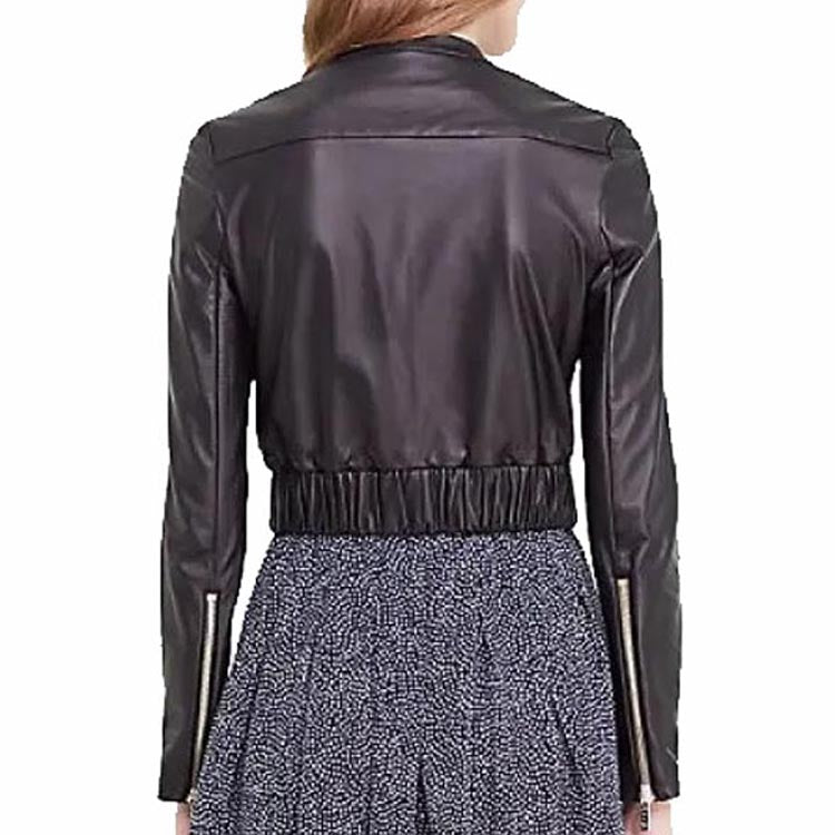 Veste bomber courte en cuir noir de luxe pour femme