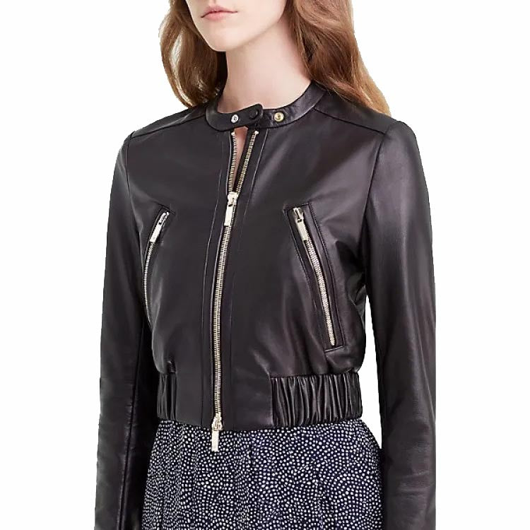 Veste bomber courte en cuir noir de luxe pour femme