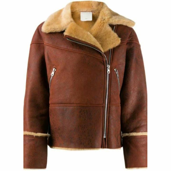 Veste motard en peau de mouton marron pour femme