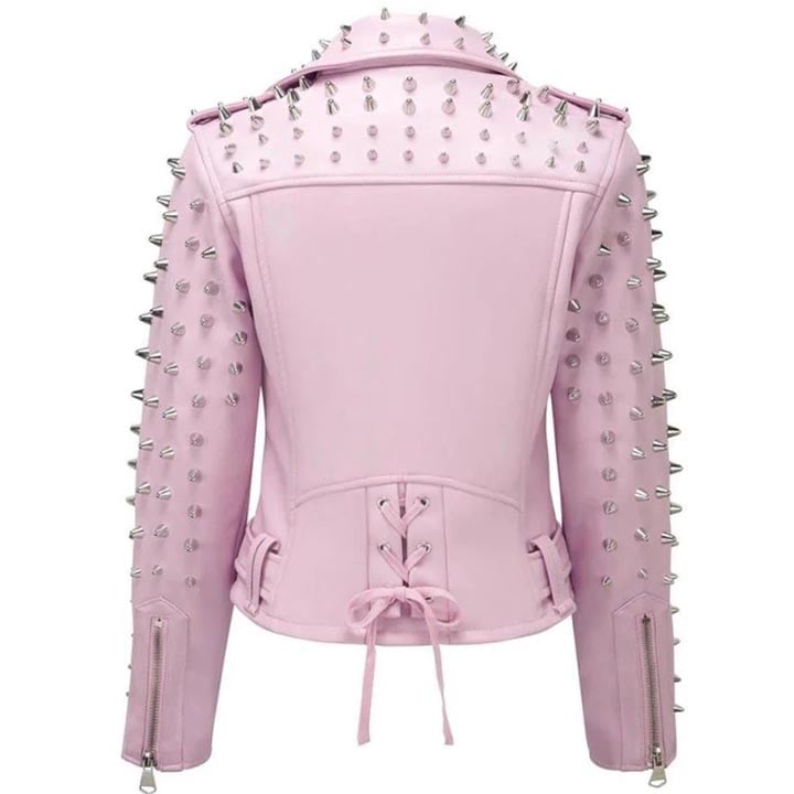 Veste en cuir rose pour femme avec clous