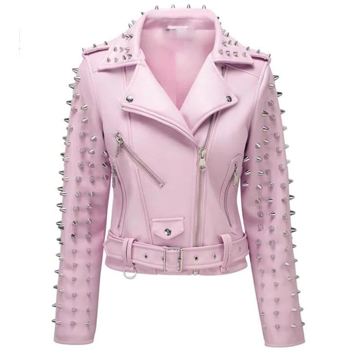 Veste en cuir rose pour femme avec clous