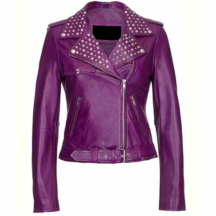 Veste motard cloutée en cuir violet pour femme