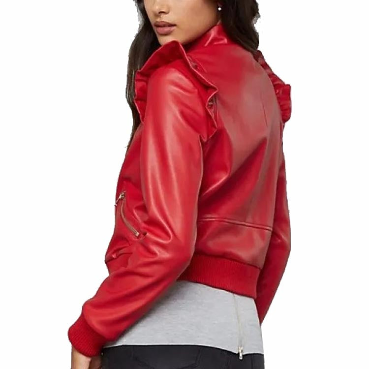 Blouson aviateur en cuir rouge pour femme