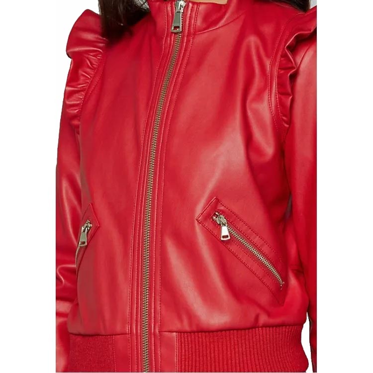 Blouson aviateur en cuir rouge pour femme