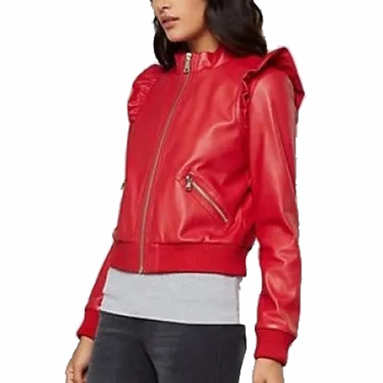 Blouson aviateur en cuir rouge pour femme