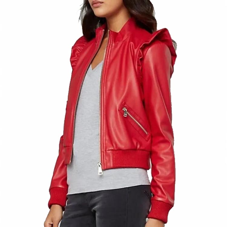 Blouson aviateur en cuir rouge pour femme