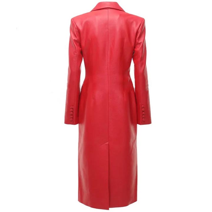 Trench-coat boutonné en cuir rouge pour femme style steampunk