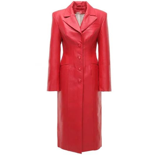 Trench-coat boutonné en cuir rouge pour femme style steampunk