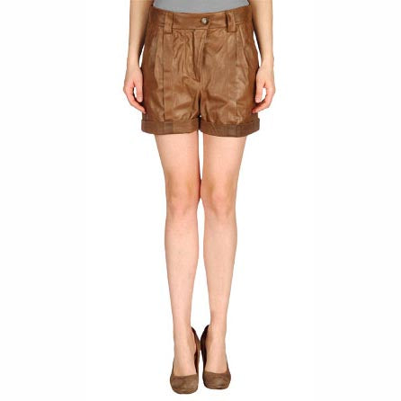 Short en cuir marron impertinent pour femme avec volants