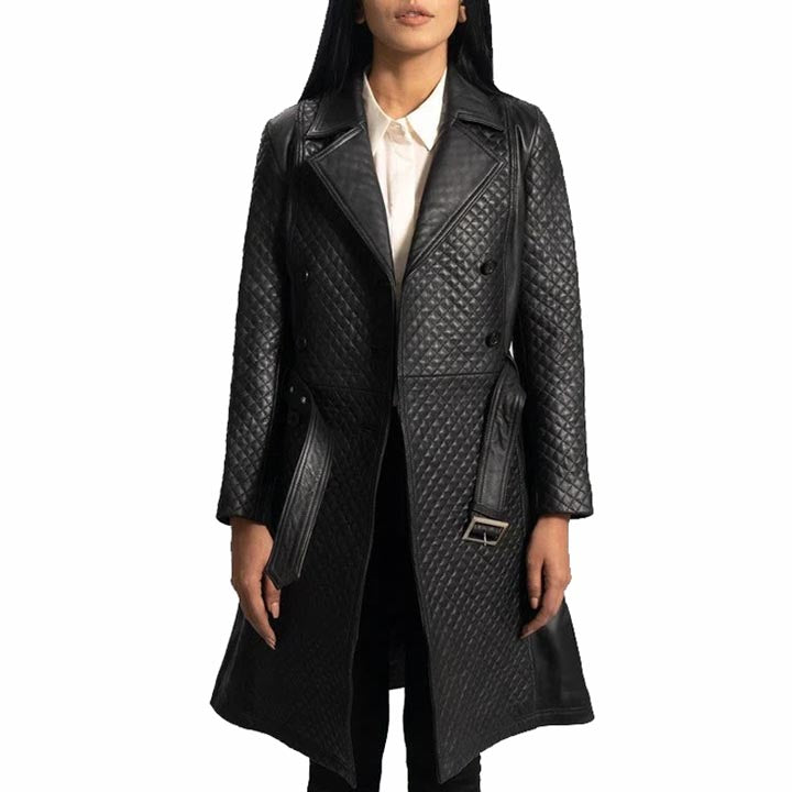 Trench-coat matelassé en cuir noir élégant pour femme