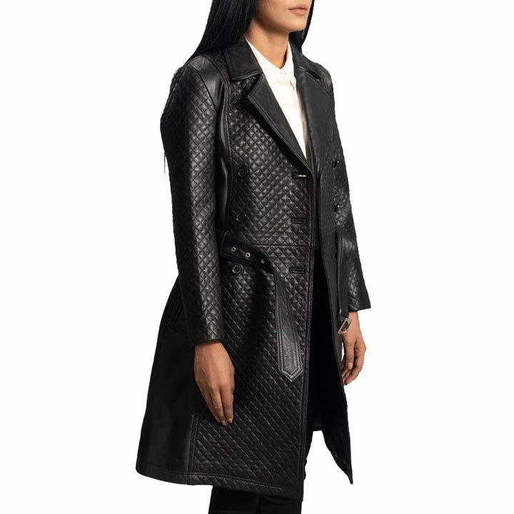 Trench-coat matelassé en cuir noir élégant pour femme