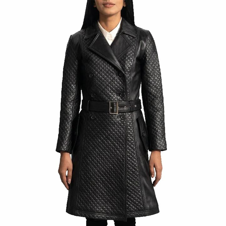 Trench-coat matelassé en cuir noir élégant pour femme