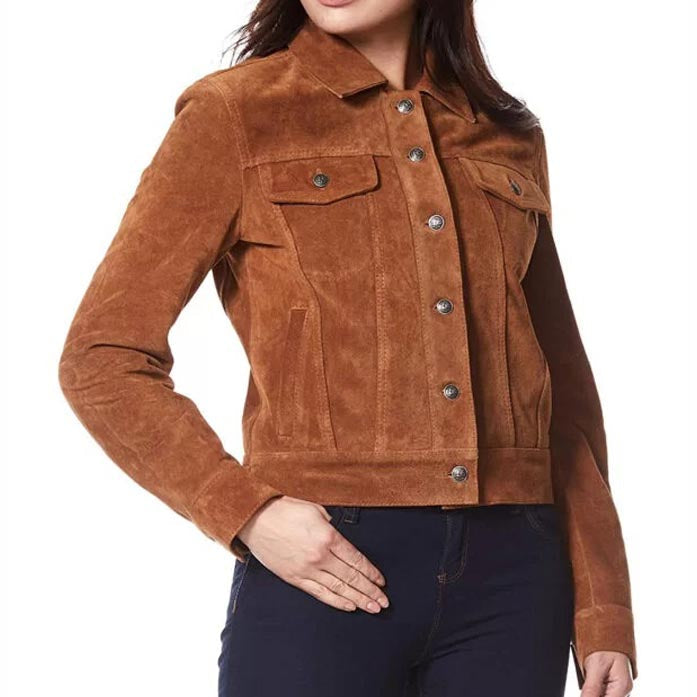 Veste de camionneur en cuir suédé pour femme