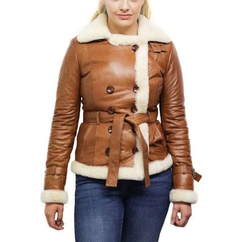 Women's Tan B3 Shearling Bomber Jacket Sheepskin Aviator Flying Jacket