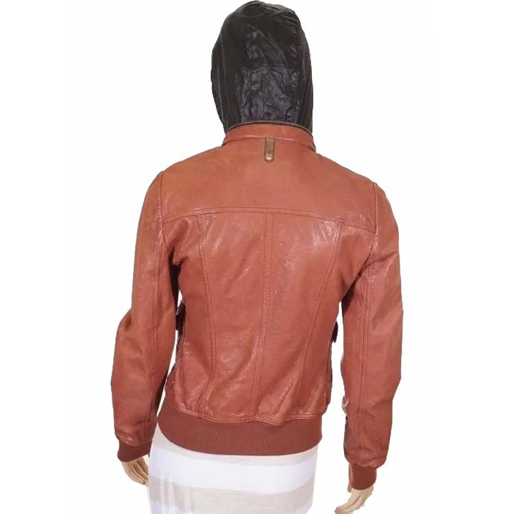 Blouson aviateur en cuir marron clair pour femme avec capuche