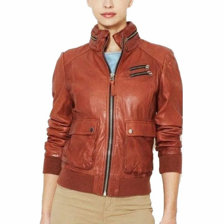 Blouson aviateur en cuir marron clair pour femme avec capuche