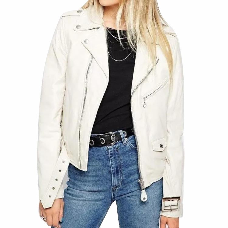 Veste motard en cuir blanc pour femme