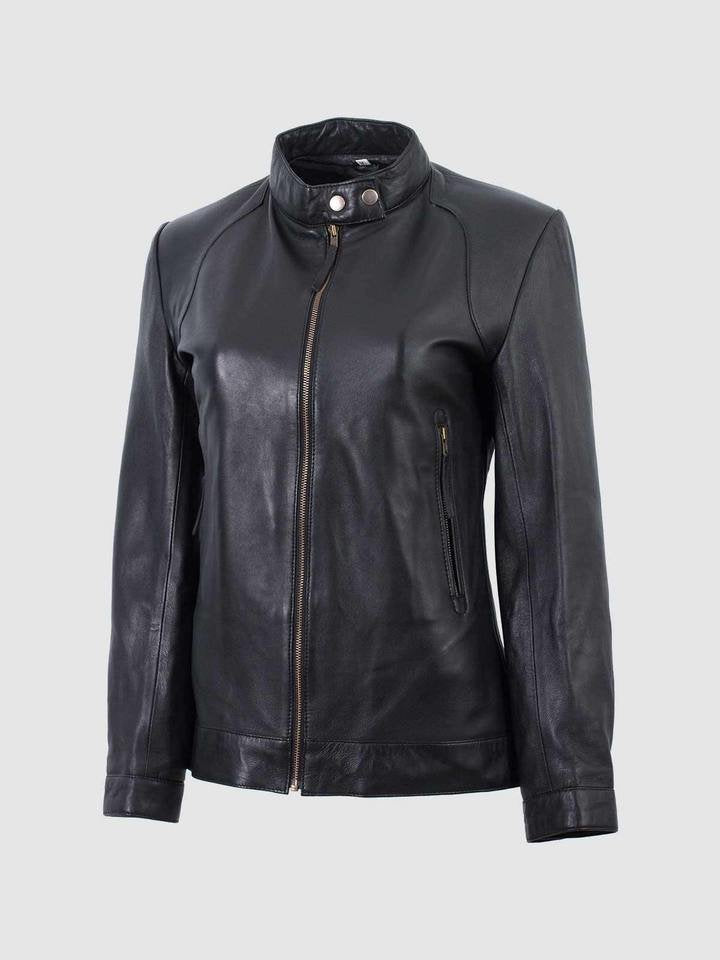 Veste motard en cuir noir à col montant pour femme