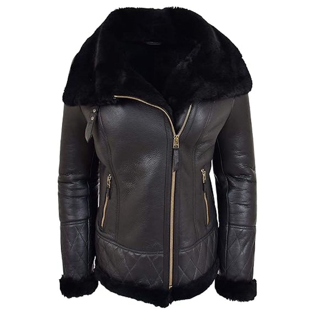 Women's Black Double Face Merino Shearling Aviator Coat