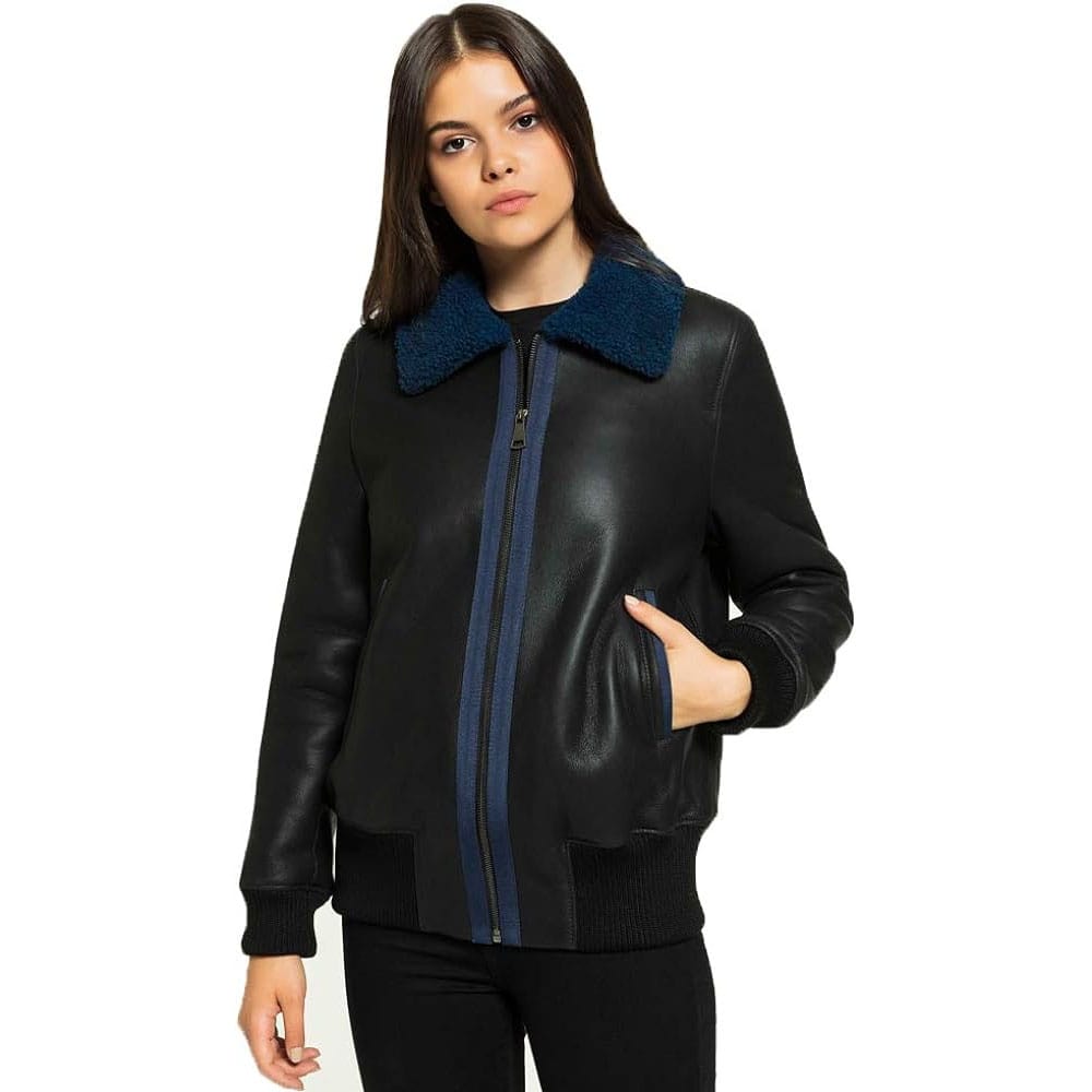 Veste d'université en peau de mouton noire pour femme - Manteau élégant doublé de fourrure