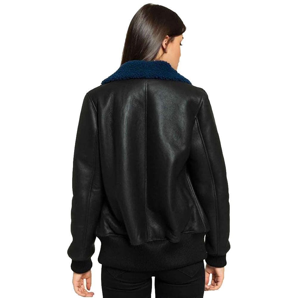 Veste d'université en peau de mouton noire pour femme - Manteau élégant doublé de fourrure