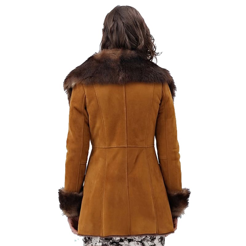 Manteau en peau de mouton mérinos marron pour femme avec col en fourrure