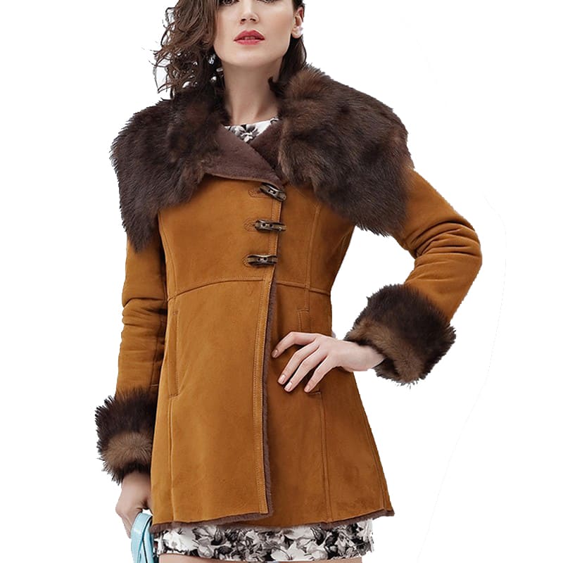 Manteau en peau de mouton mérinos marron pour femme avec col en fourrure