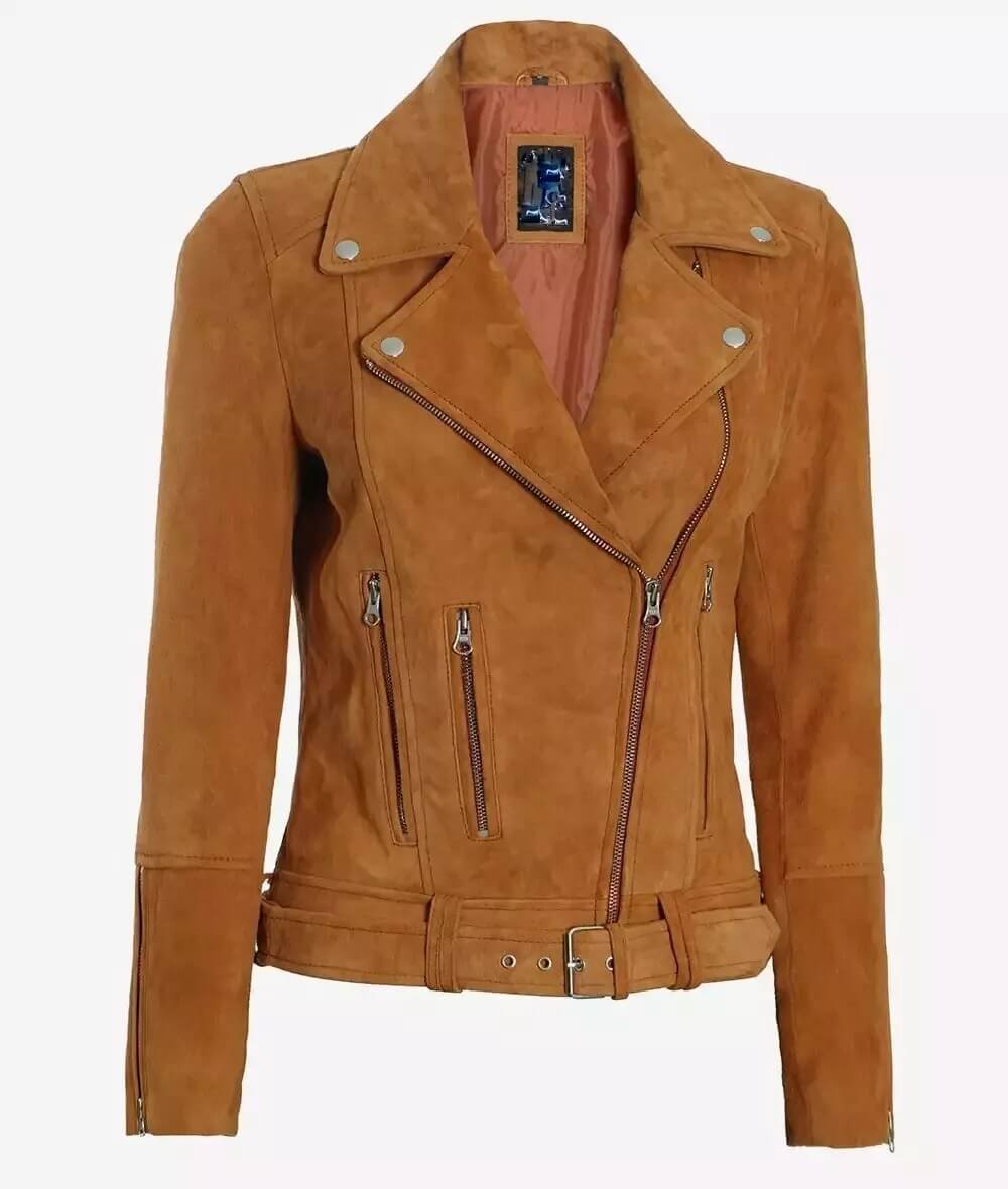 Veste motard en cuir suédé marron pour femme