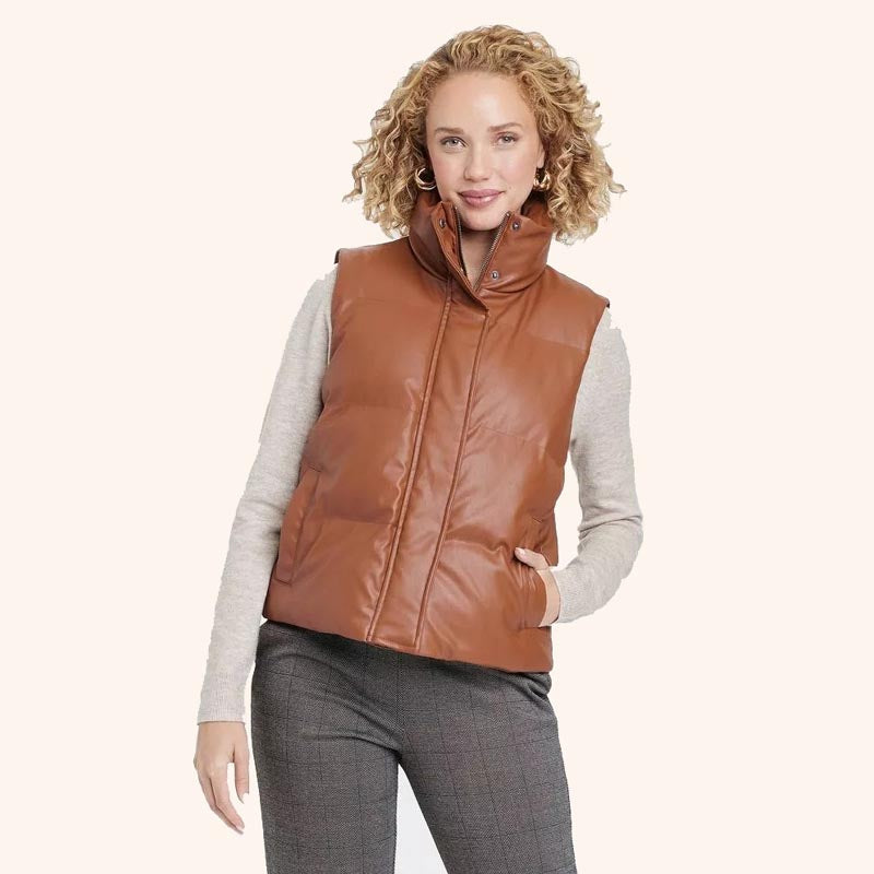 Gilet matelassé décontracté en cuir marron clair avec fermeture éclair complète pour femme