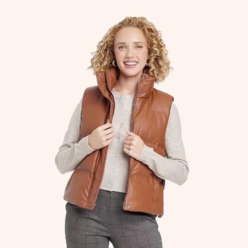 Gilet matelassé décontracté en cuir marron clair avec fermeture éclair complète pour femme