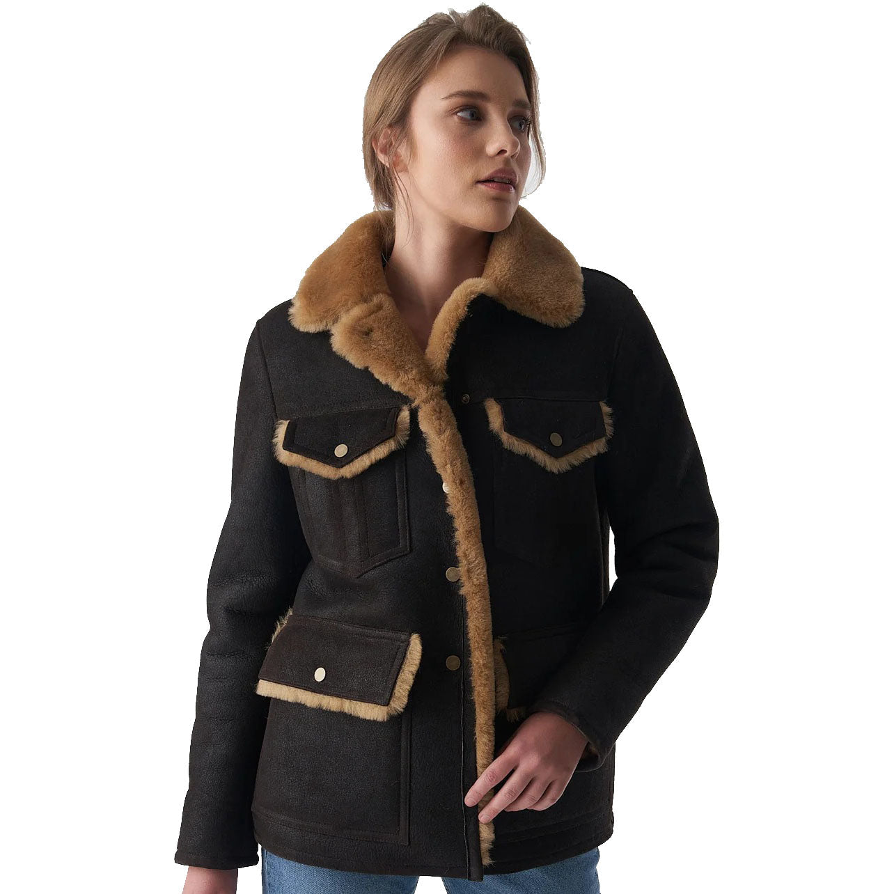 Manteau de camionneur western en peau de mouton marron délavé pour femme avec fourrure rousse