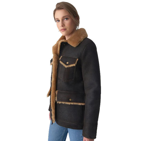 Manteau de camionneur western en peau de mouton marron délavé pour femme avec fourrure rousse