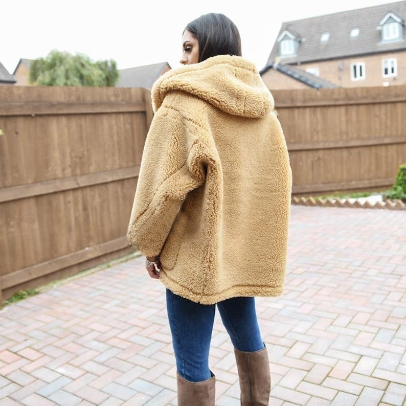 Veste en peau de mouton pour femme Manteau en peluche à capuche oversize