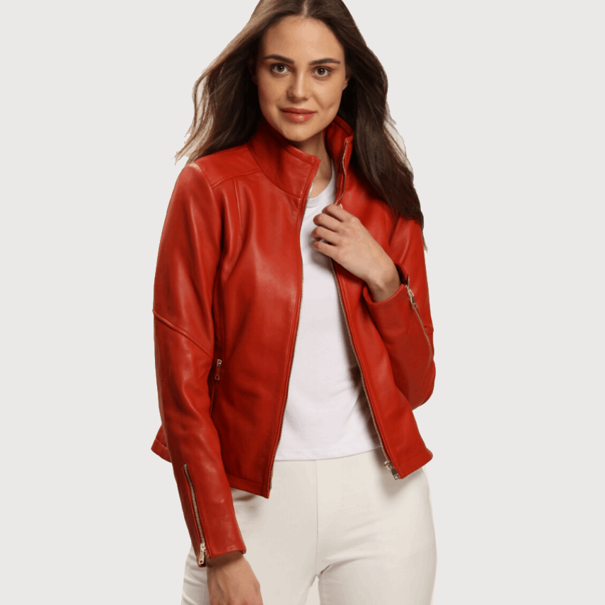 Superbe veste en cuir rouge vif pour femme