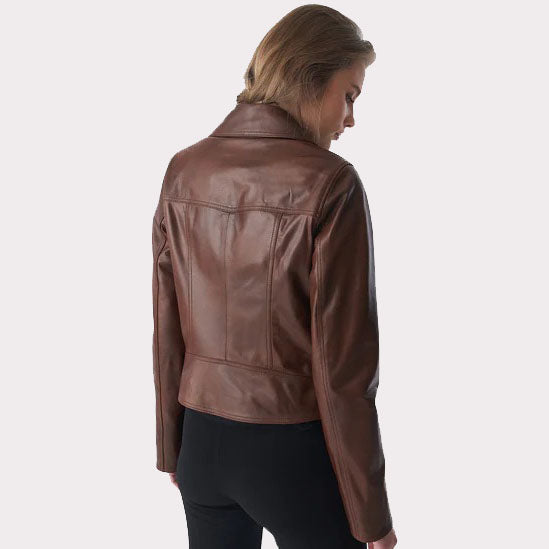 Veste de motard classique en cuir marron antique pour femme