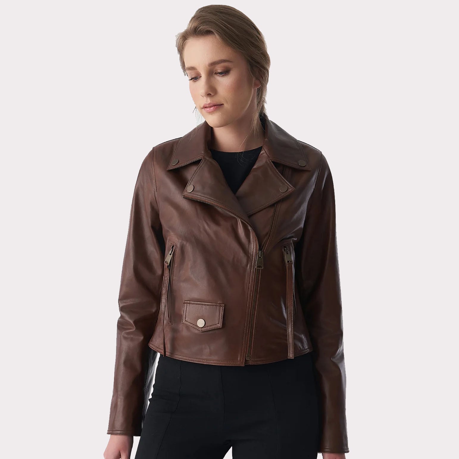 Veste de motard classique en cuir marron antique pour femme